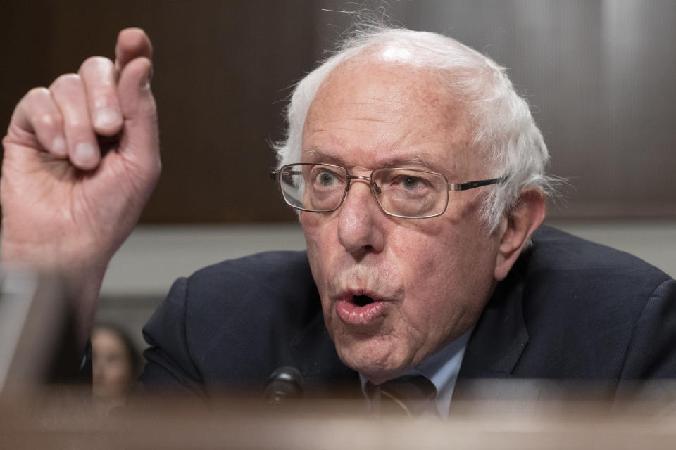 Senate Health, Education, Labor and Pensions Committee Chair Sen. Bernie Sanders, I-Vt., questions former Starbucks CEO Howard Schultz, before the committee, Wednesday, March 29, 2023, on Capitol Hill in Washington. (AP Photo/Jacquelyn Martin)