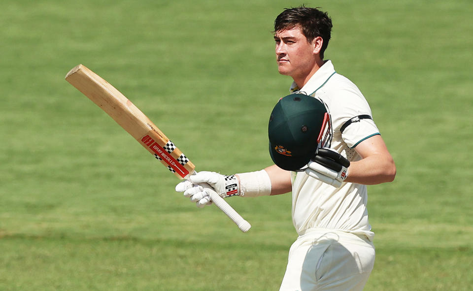 Matt Renshaw, pictured here after scoring a century for the Prime Minister's XI against Pakistan.