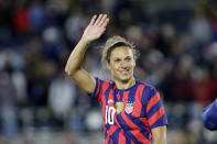 United States' forward Carli Lloyd waves to fans after a soccer friendly match against South Korea, Tuesday, Oct. 26, 2021, in St. Paul, Minn. (AP Photo/Andy Clayton-King)