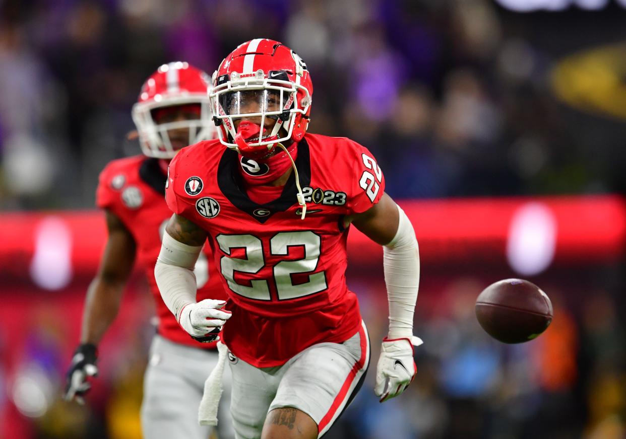 Georgia defensive back Javon Bullard celebrates after intercepting a pass against TCU.