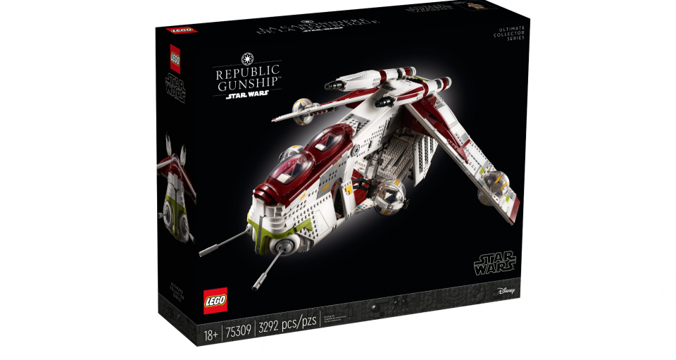 The Ultimate Collector Series LEGO Republic Gunship on its stand.