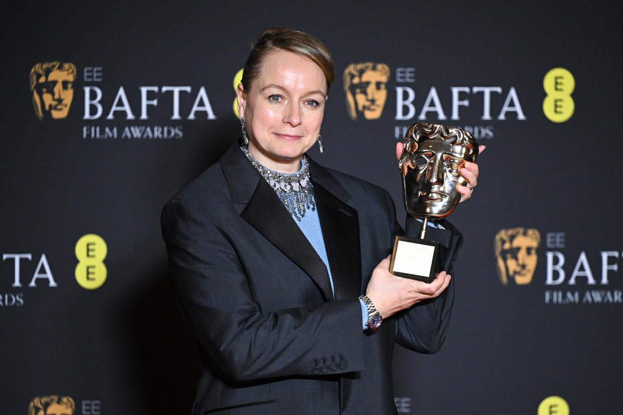 LONDON, ENGLAND - FEBRUARY 18: Samantha Morton poses in the winners room the Fellowship Award at the 2024 EE BAFTA Film Awards at The Royal Festival Hall on February 18, 2024 in London, England. (Photo by Stephane Cardinale - Corbis/Corbis via Getty Images)