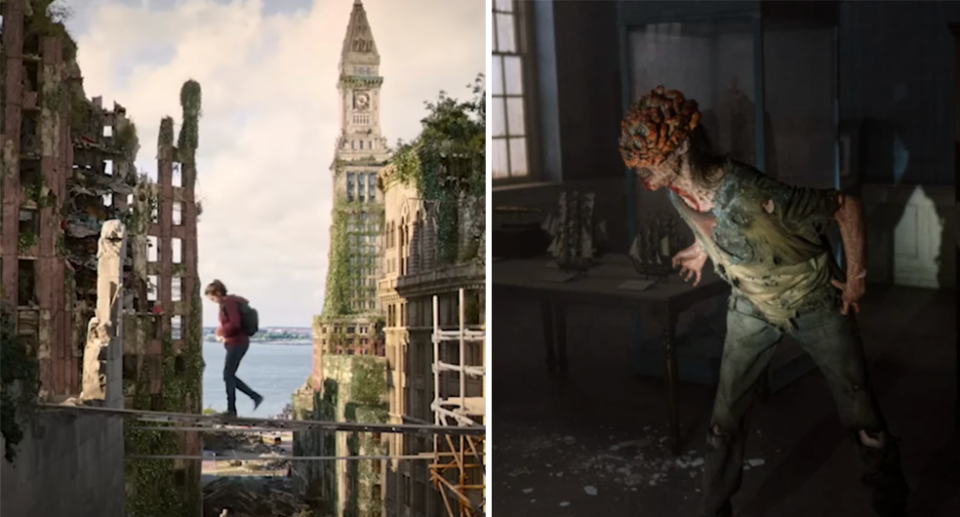 Scenes from The Last of US TV show, depicting a zombie. 
