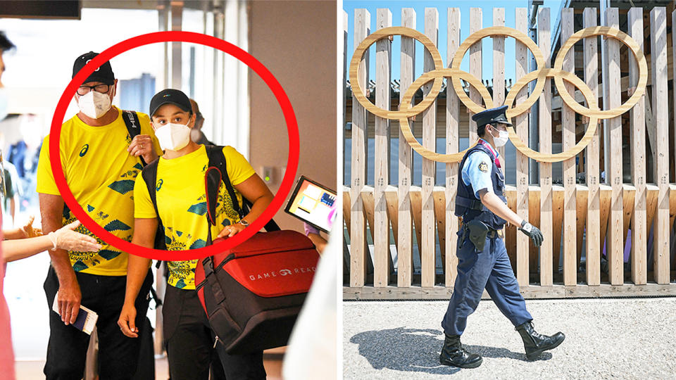 Ash Barty (pictured left) arrives at Tokyo airport wearing a mask and (pictured right) a security guard walking past the Olympic village.