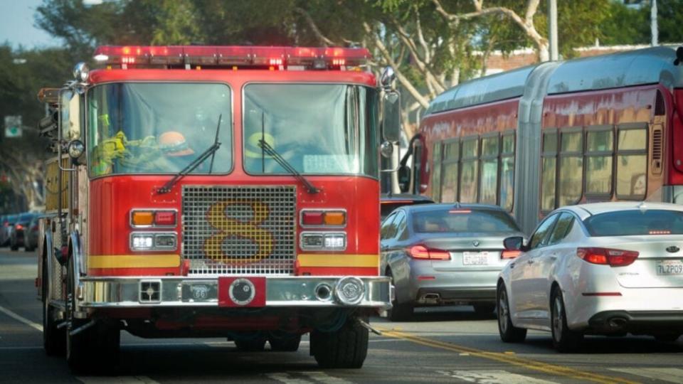 A firetruck responds to a call on “LA Fire & Rescue” (Credit: NBC)