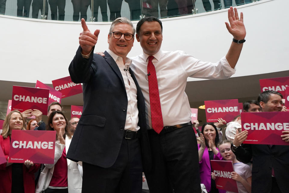 Sir Keir Starmer, left, was joined by Scottish Labour leader Anas Sarwar on the campaign trail in Glasgow East on Friday (Andrew Milligan/PA)