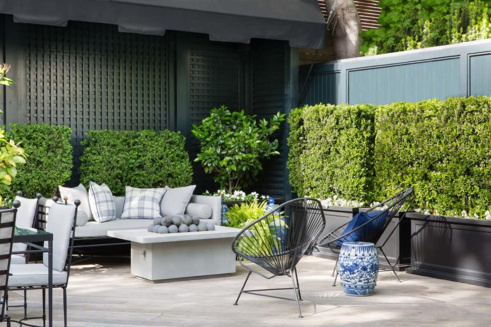 a patio surrounded by yew hedges