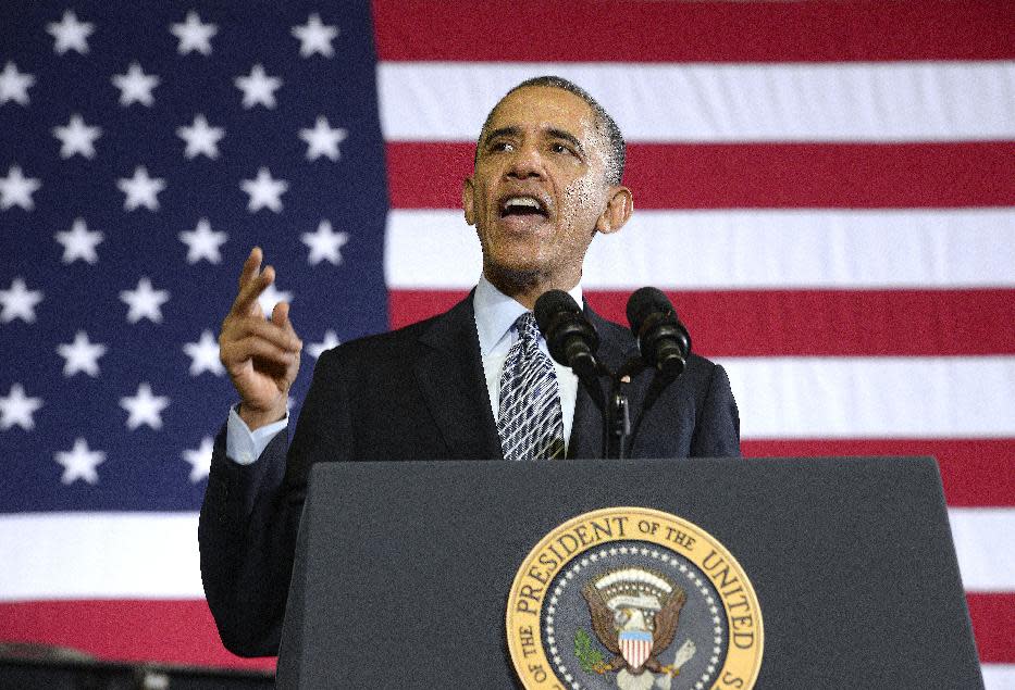 El presidente estadounidense Barack Obama habla sobre la ley agraria el viernes, 7 de febrreo del 2014, en la Universidad Estatal de Michigan en East Lansing. (Foto AP/The State Journal, Rod Sanford, Pool)