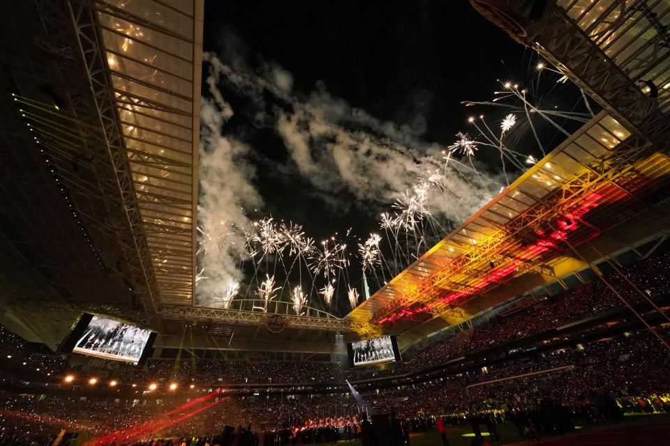 Firewoks explode over Hard Rock Stadium during halftime of the NFL Super Bowl 54 football game between the San Francisco 49ers and the Kansas City Chiefs Sunday, Feb. 2, 2020, in Miami Gardens, Fla. (AP Photo/David J. Phillip)