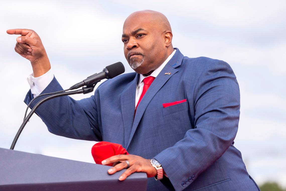 Lt. Gov. Mark Robinson speaks during a rally with former President Donald Trump in Selma, NC on April 9, 2022.