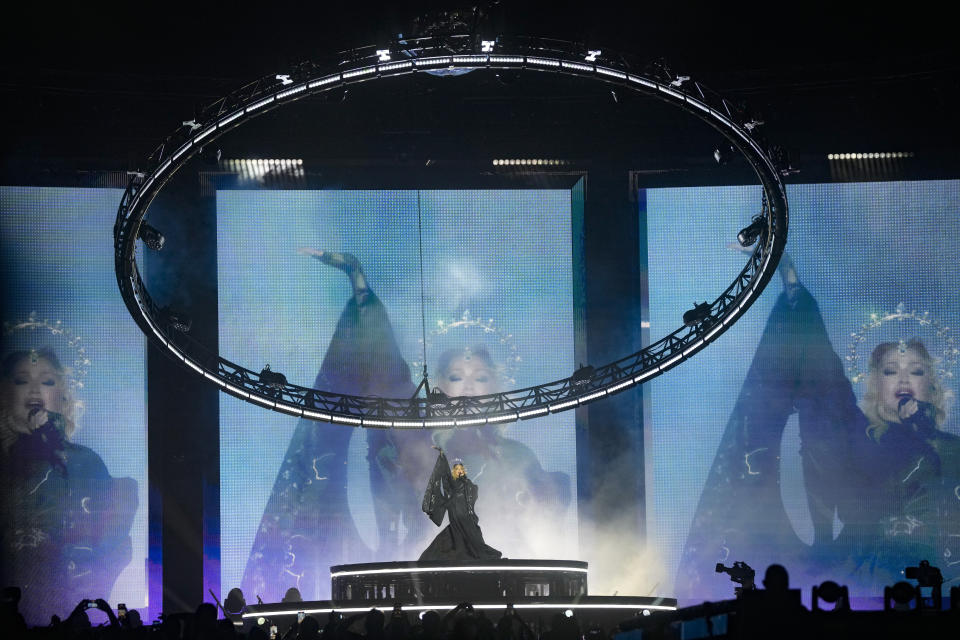 Madonna performs in the final show of her The Celebration Tour, on Copacabana Beach in Rio de Janeiro, Brazil, Saturday, May 4, 2024. (AP Photo/Silvia Izquierdo)