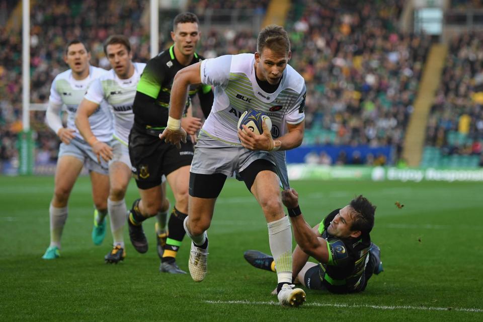 Happier days@ Liam Williams goes over for a try as Saracens run riot against Northampton in the Cup: Getty Images