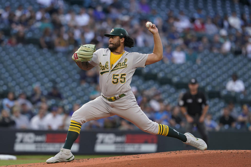 Oakland Athletics starting pitcher Sean Manaea to a Seattle Mariners batter during the first inning of a baseball game Thursday, July 22, 2021, in Seattle. (AP Photo/Ted S. Warren)