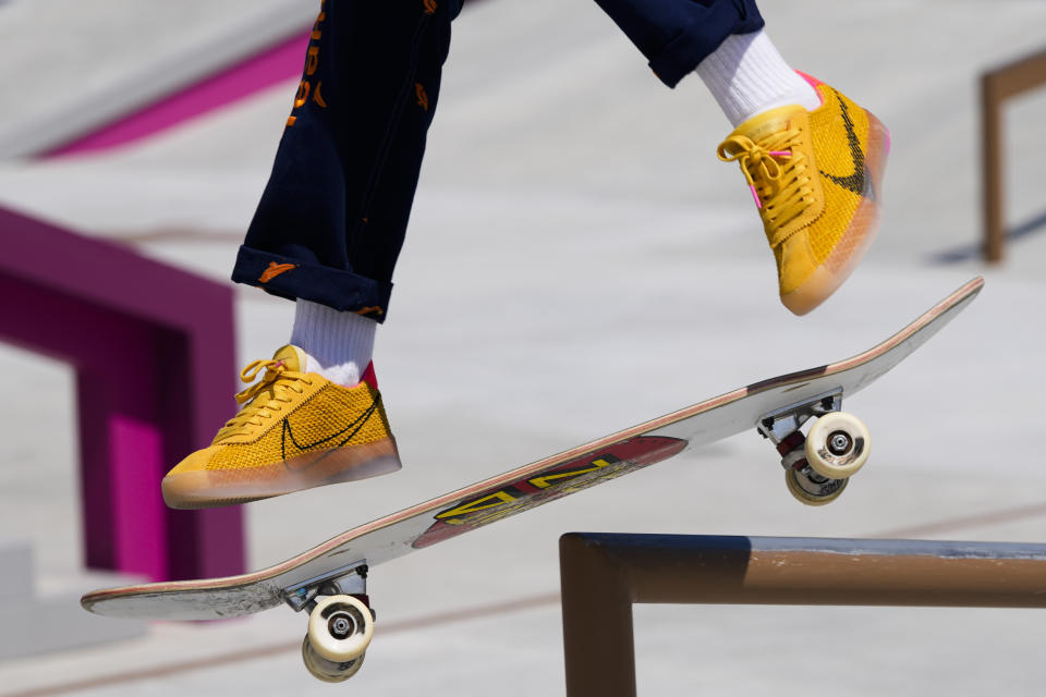 Keet Oldenbeuving of the Netherlands trains during a street skateboarding practice session at the 2020 Summer Olympics, Friday, July 23, 2021, in Tokyo, Japan. (AP Photo/Markus Schreiber)