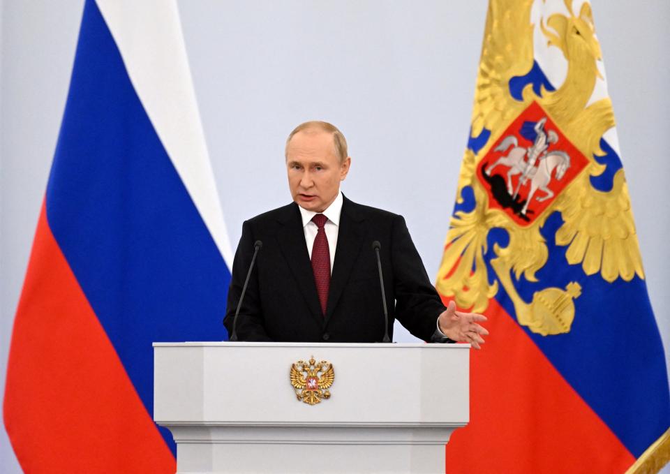 Russian President Vladimir Putin delivers a speech during a ceremony to declare the annexation (via REUTERS)