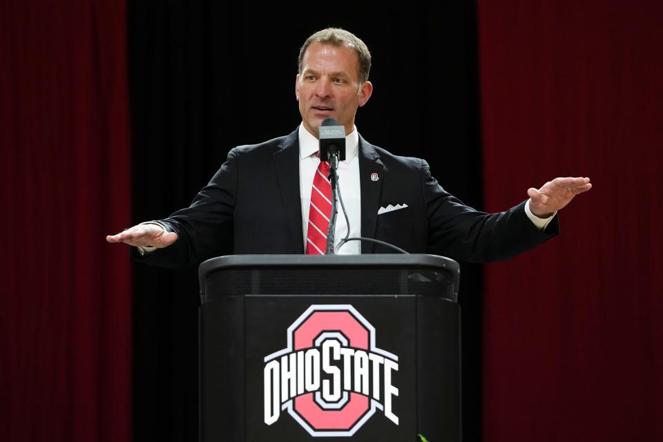 Jan 17, 2024; Columbus, OH, USA; Ross Bjork speaks during an introductory press conference for Ohio State University’s new athletic director at the Covelli Center.