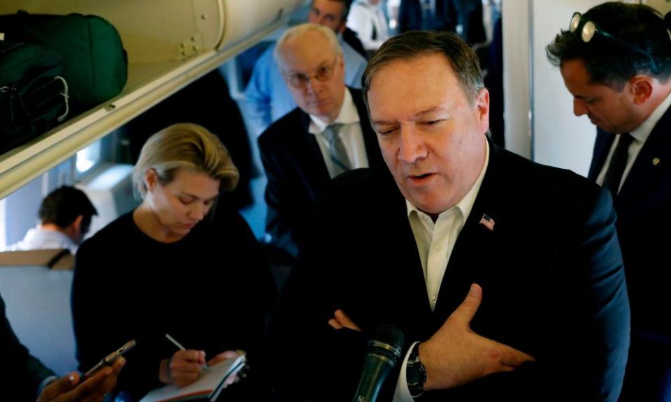 US Secretary of State Mike Pompeo speaks to reporters while his plane refuels.