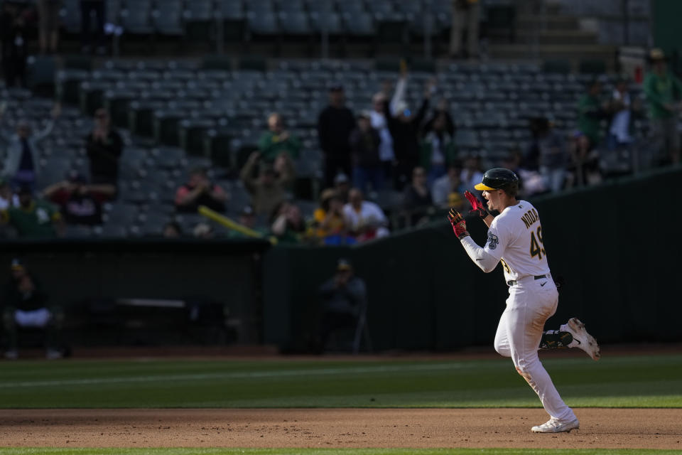 Oakland Athletics' Ryan Noda runs the bases after hitting a three-run home run against the Atlanta Braves during the fifth inning of a baseball game in Oakland, Calif., Monday, May 29, 2023. (AP Photo/Godofredo A. Vásquez)