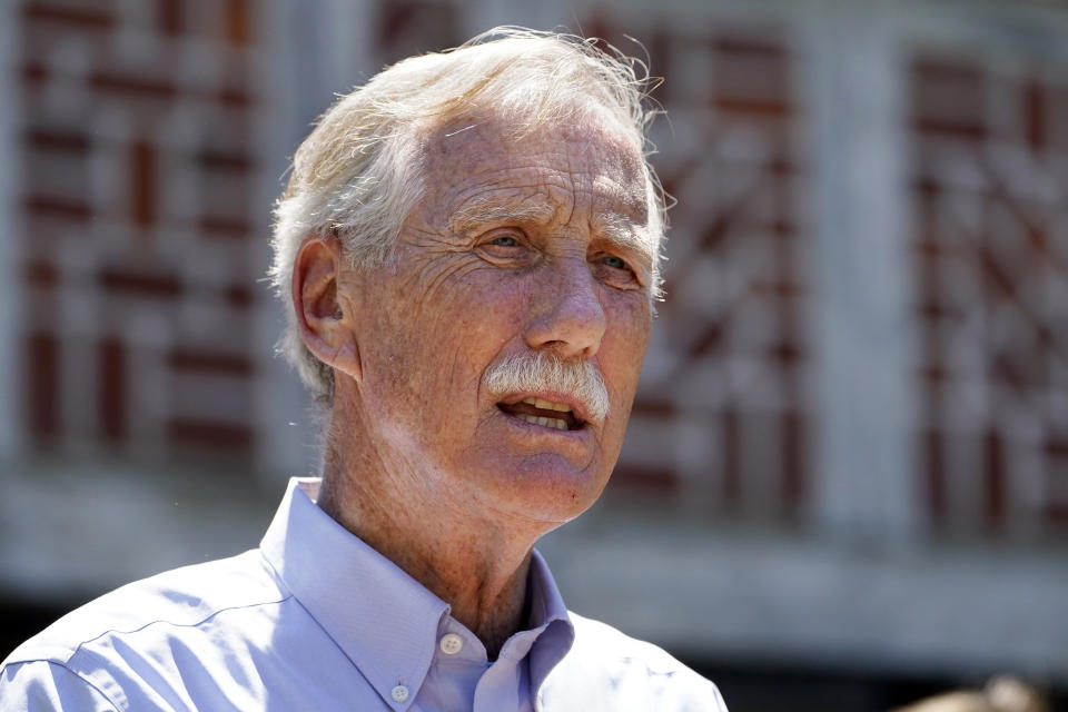FILE - In this June 18, 2021, file photo, U.S. Sen. Angus King, I-Maine, speaks at Acadia National Park in Winter Harbor, Maine. King tested positive for COVID-19 on Thursday, Aug. 19, 2021, a day after he began feeling under the weather, his office announced. (AP Photo/Robert F. Bukaty, File)