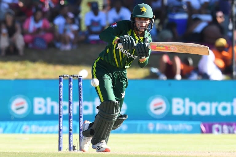 Bisma Marouf (Roger Bosch) looks at the ball after taking a shot during the Women's T20 World Cup