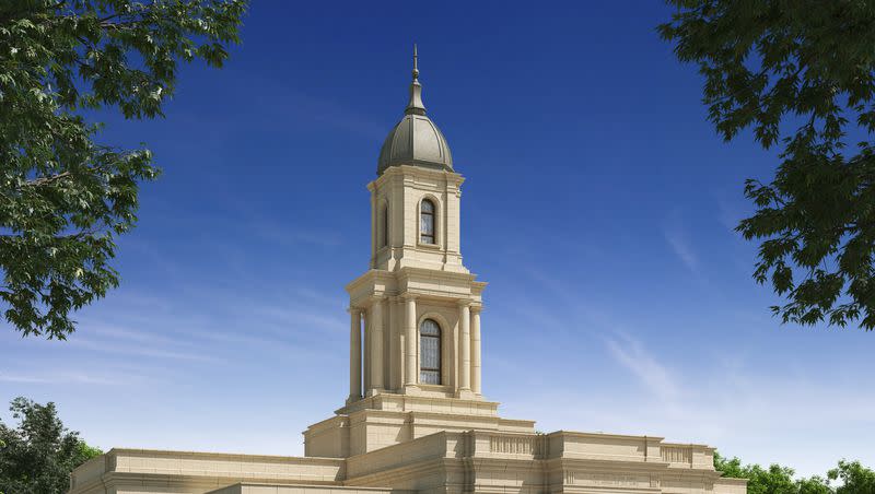An artist’s rendering of what the outside of the Cleveland Ohio Temple will look like, released on July 25, 2023, by The Church of Jesus Christ of Latter-day Saints.