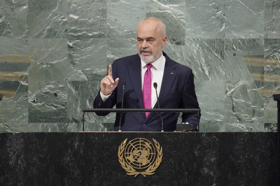 Prime Minister of Albania Edi Rama addresses the 77th session of the United Nations General Assembly, Saturday, Sept. 24, 2022 at U.N. headquarters. (AP Photo/Mary Altaffer)