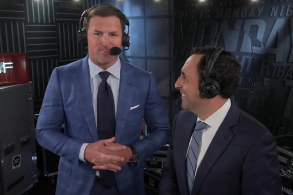 <span class="icon icon--xs icon__camera">  </span> <span class="credit font--s-m upper black"> <b>ESPN</b> </span> <div class="caption space-half--right font--s-m gray--med db">New “Monday Night Football” analyst Jason Witten (left) in the booth alongside play-by-play announcer Joe Tessitore.</div>