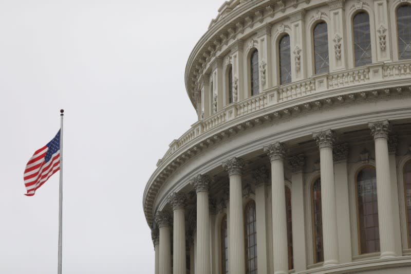 The U.S. Capitol during a morning rainstorm, after Congress agreed to a multi-trillion dollar economic stimulus package created in response to the economic fallout from the COVID-19 Coronavirus, on Capitol Hill in Washington