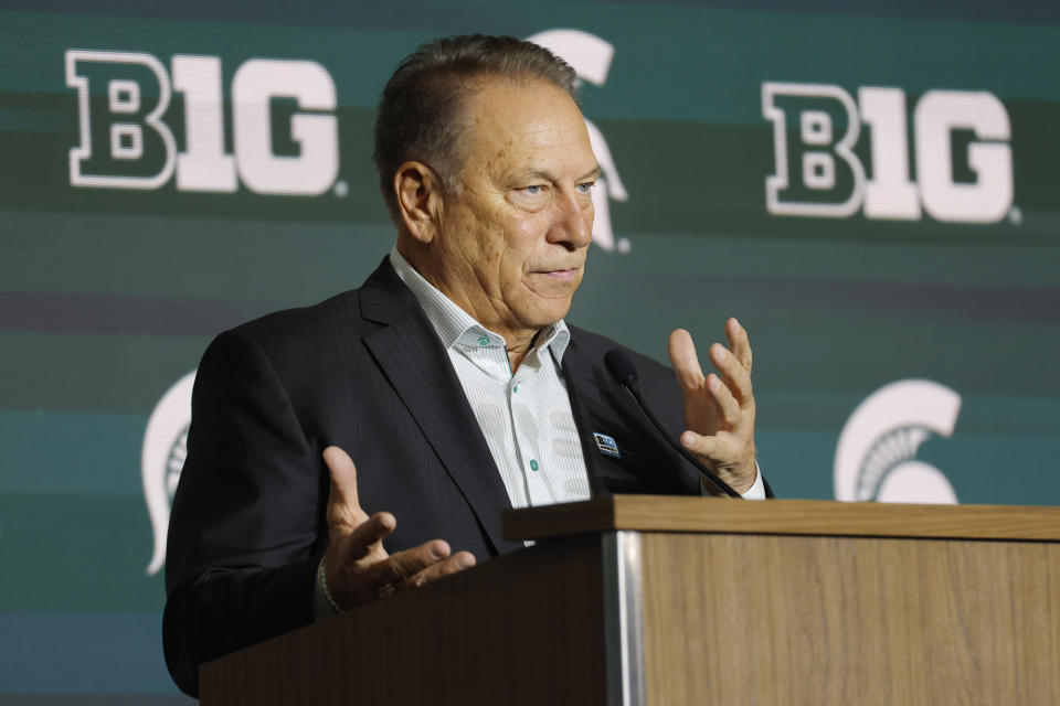 Michigan State head coach Tom Izzo speaks during Big Ten NCAA college basketball Media Days Tuesday, Oct. 10, 2023, in Minneapolis. (AP Photo/Bruce Kluckhohn)