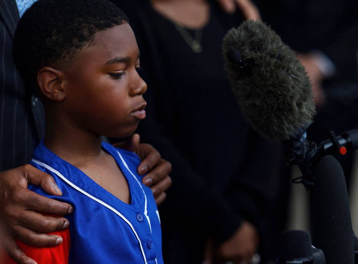 Anthony Johnson Jr.’s nephew Corbin, 10, speaks during a press conference outside of the Tim Curry Criminal Justice Center Tuesday, June 11, 2024, in Fort Worth. Anthony Johnson Jr.’s death in Tarrant County Jail was ruled a homicide by asphyxiation.