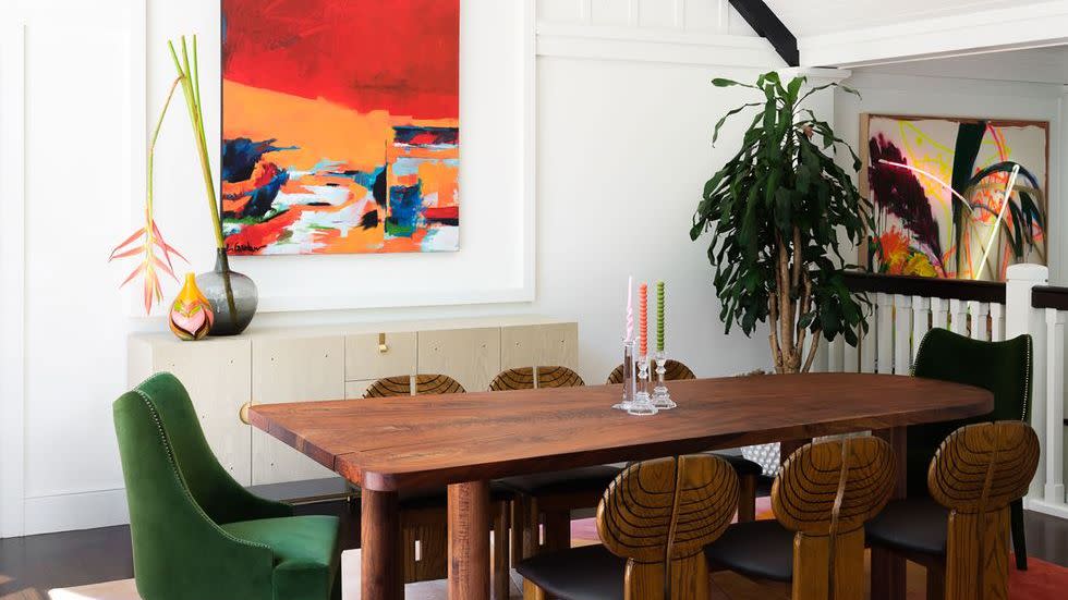 dining table with colorful rug