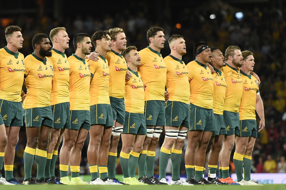 Wallabies line up during the 2020 Tri-Nations match between the Australian Wallabies and the New Zealand All Blacks at Suncorp Stadium on November 07, 2020 in Brisbane, Australia.