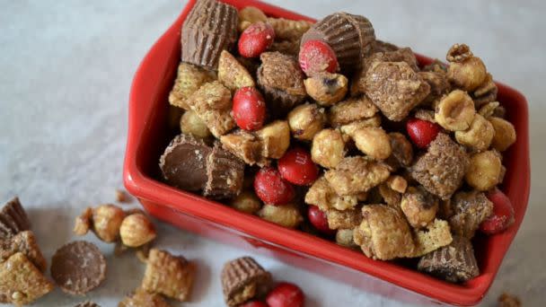 PHOTO:Buckeye Chex Mix recipe found on Glued to My Crafts Blog.   (Stacey Gibbon/Glued To My Crafts)