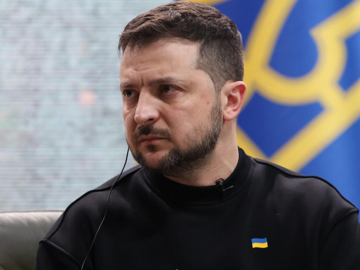 Ukrainian President Volodymyr Zelensky attends a press conference on February 24, 2023 in Kyiv, Ukraine.