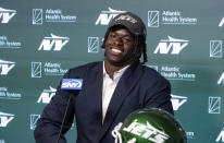 New York Jets first round draft pick Olu Fashanu speaks at an NFL football press conference in Florham Park, N.J. Friday, April 26, 2024. (AP Photo/Craig Ruttle)