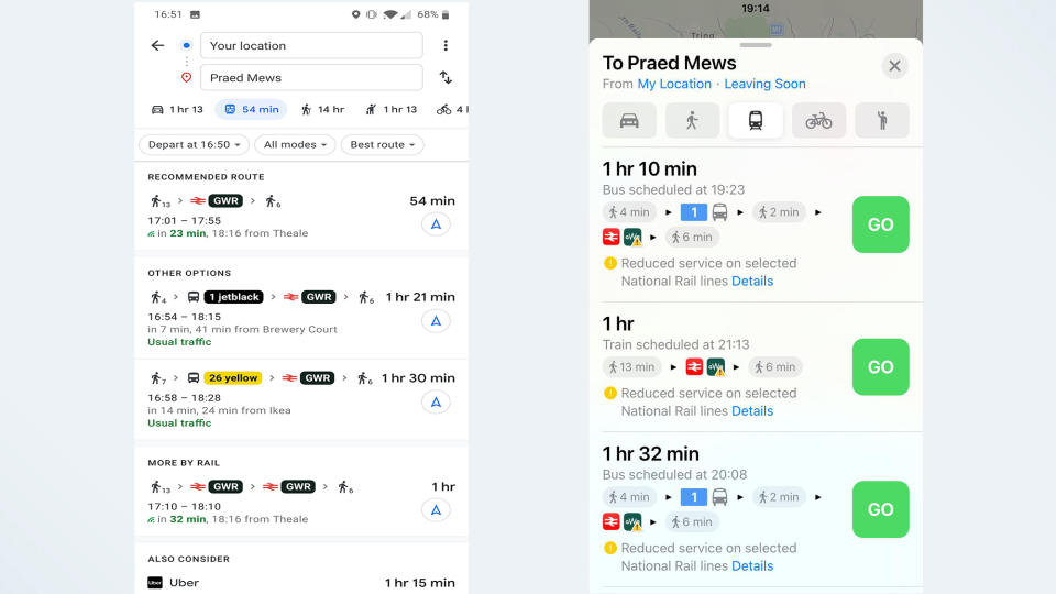 Google Maps vs. Apple Maps: public transportation menus