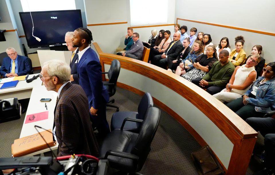 Cincinnati Bengals running back Joe Mixon prepares for his bench trial on aggravated menacing charges before Hamilton County Municipal Court Judge Gwen Bender, Monday, August 14, 2023. The charge stems from a road-rage incident in downtown Cincinnati on Jan. 21, 2023. 