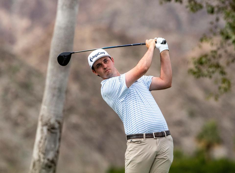 J.T. Poston tees off on two during Round 2 of The American Express at La Quinta Country Club in La Quinta, Calif., Friday, Jan. 19, 2024.