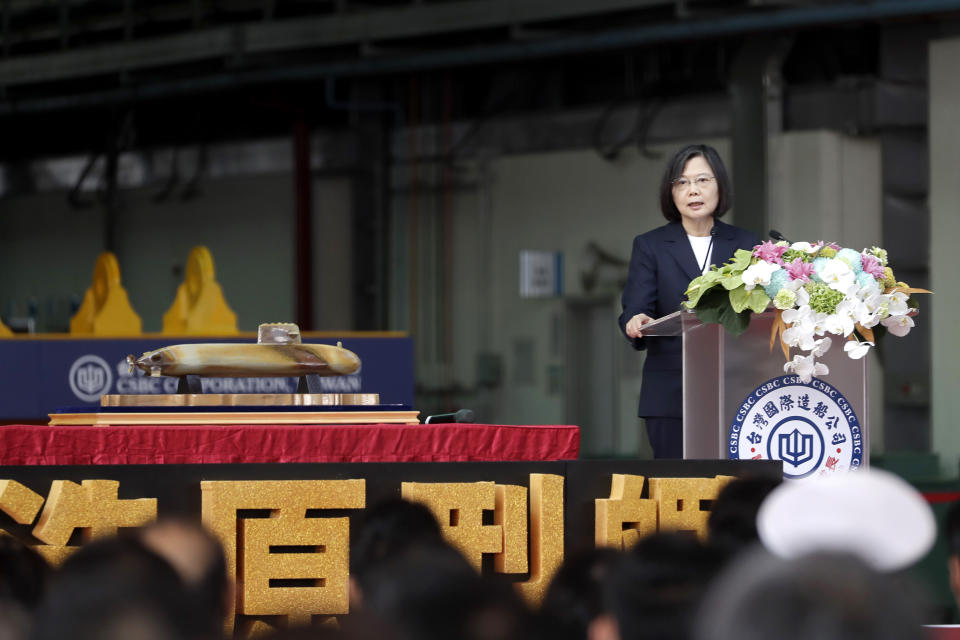 Taiwan's President Tsai Ing-wen delivers a speech during the naming and launching ceremony of domestically-made submarines at CSBC Corp's shipyards in Kaohsiung, southern Taiwan, Thursday, Sept. 28, 2023. Tsai launched the island's first domestically made submarine for testing Thursday. (AP Photo/Chiang Ying-ying)