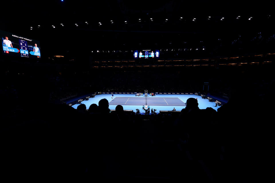 LONDON, ENGLAND - NOVEMBER 17: Alexander Zverev of Germany in action against Roger Federer of Switzerland during the semi finals singles match during Day Seven of the Nitto ATP Finals at The O2 Arena on November 17, 2018 in London, England. (Photo by Justin Setterfield/Getty Images)