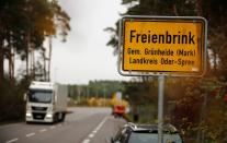 The town sign of Freienbrink district of Gruenheide is pictured near Berlin