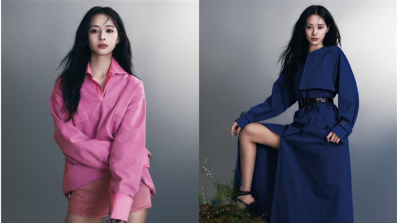 周子瑜身穿Max Mara2024春夏系列為日本ELLE拍攝5月號畫報。（圖／翻攝自推特@JYPETWICE_JAPAN）