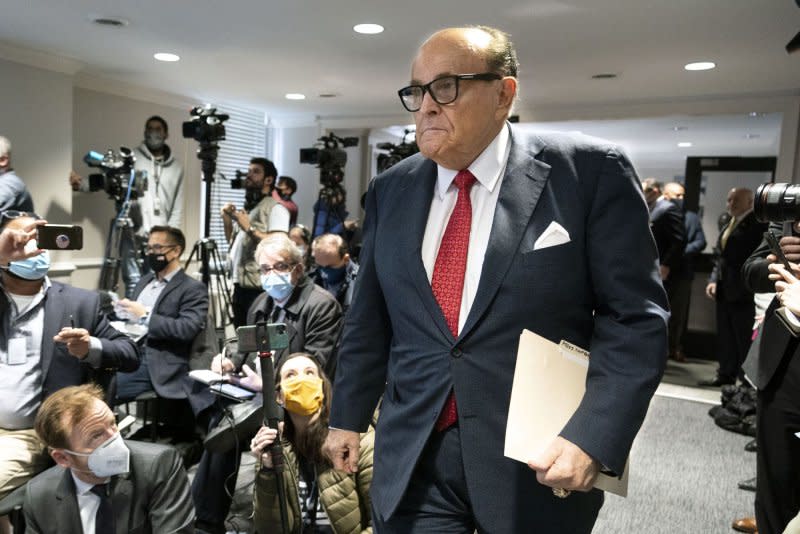Former New York City Mayor Rudy Giuliani's 80th birthday party in Florida was interrupted when Arizona authorities served him a notice of indictment in an alleged scheme to overturn the results of the 2020 presidential election. File Photo by Kevin Dietsch/UPI