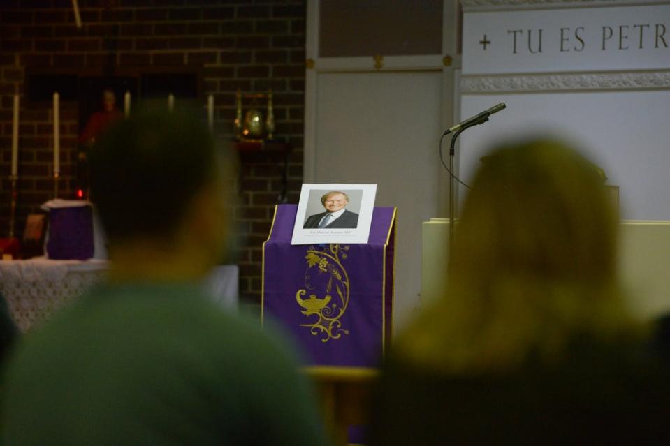 A photograph of Sir David Amess was displayed in St Peter’s church in Eastwood (PA)