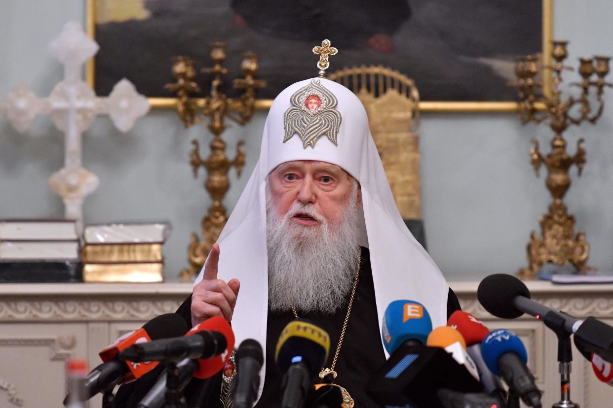 Patriarch Filaret of the Ukrainian Orthodox Church of Kyiv's Patriarchy speaks during a press conference in Kyiv, December 1, 2017. / Credit: GENYA SAVILOV/AFP/Getty