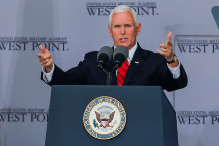 FILE PHOTO: U.S. Vice President Mike Pence speaks to graduates of the United States Military Academy during the commencement ceremony in West Point, New York, U.S., May 25, 2019. REUTERS/Eduardo Munoz