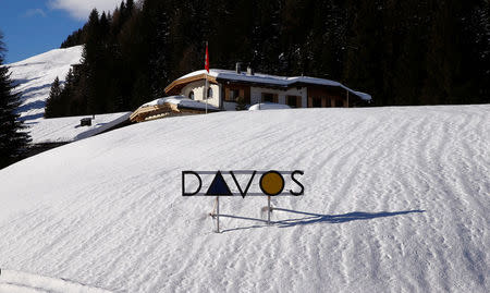 The logo of the town is seen in the Swiss mountain resort of Davos, Switzerland, January 11, 2018 REUTERS/Arnd Wiegmann