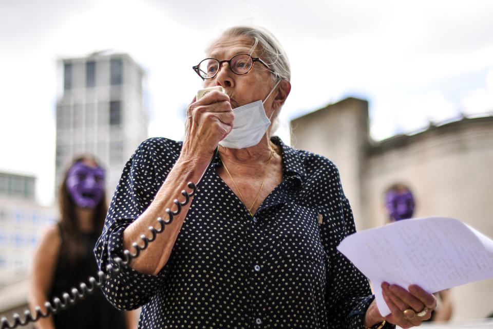 British Actress Vanessa Redgrave gives a speech as she joins the theatre workers protest outside the National Theatre, against the mass redundancies of low-paid art jobs due to the Coronavirus outbreak, in London, Saturday, Aug. 1, 2020. Prime Minister Boris Johnson put some planned measures to ease the U.K.'s lockdown on hold Friday, saying the number of new coronavirus cases in the country is on the rise for the first time since May. He called off plans to allow venues, including casinos, bowling alleys and skating rinks, to open from Saturday, Aug. 1. (AP Photo/Alberto Pezzali)