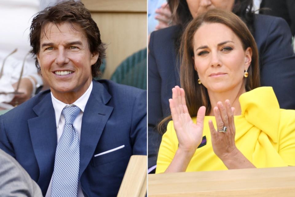 Tom Cruise in the Royal Box on day thirteen of the 2022 Wimbledon Championships at the All England Lawn Tennis and Croquet Club, Wimbledon. Picture date: Saturday July 9, 2022. (Photo by Steven Paston/PA Images via Getty Images); LONDON, ENGLAND - JULY 09: Catherine, Duchess of Cambridge at All England Lawn Tennis and Croquet Club on July 09, 2022 in London, England. (Photo by Karwai Tang/WireImage)