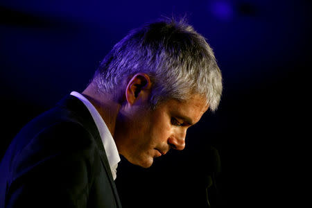 FILE PHOTO: Laurent Wauquiez, the front-runner for the leadership of French conservative party "Les Republicains" (The Republicans) attends a political rally in Paris, France November 20, 2017. REUTERS/Philippe Wojazer/File Photo